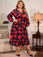 Rochie Midi Kendell Neagra Cu Model Floral Rosu - Marimi Mari - imagine 3