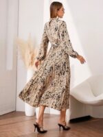 Rochie Lunga Maldona Crem Cu Imprimeu Negru Si Pliuri - imagine 2