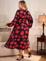 Rochie Midi Kendell Neagra Cu Model Floral Rosu - Marimi Mari - imagine 2