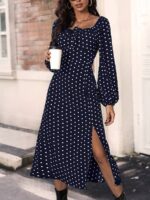 Rochie Midi Galbar Bleumarin Cu Buline Albe - imagine 3