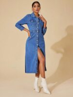 Rochie Midi Sansona Din Denim Cu Nasturi - imagine 3