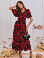 Rochie Lunga Larissa Neagra Cu Model Floral Rosu - imagine 3