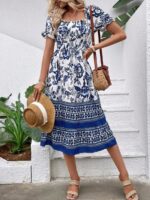 Rochie Midi Midori Alba cu Flori Albastre