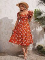 Rochie Midi Romena Portocalie Cu Model Floral - imagine 3