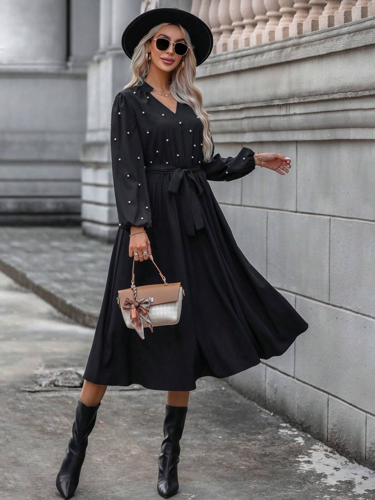 Rochie Midi Palmer Neagra Cu Perle - imagine 1