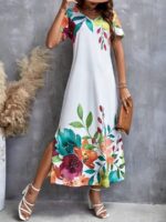 Rochie Lunga Pena Alba Cu Model Floral Multicolor