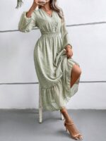 Rochie Lunga Zisa Khaki Cu Model Geometric - imagine 5