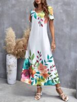 Rochie Lunga Pena Alba Cu Model Floral Multicolor - imagine 2