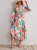 Rochie Lunga Chira Alba Cu Model Cu Frunze Multicolore - imagine 3