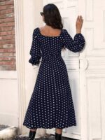 Rochie Midi Galbar Bleumarin Cu Buline Albe - imagine 2