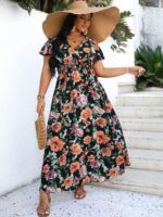 Rochie Lunga Flavia Neagra Cu Model Floral Multicolor - Marimi Mari