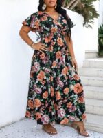 Rochie Lunga Flavia Neagra Cu Model Floral Multicolor - Marimi Mari - imagine 3