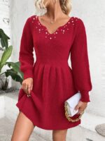 Rochie Tricotata Scurta Stiz Rosie Cu Maneci Bufante