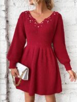 Rochie Tricotata Scurta Stiz Rosie Cu Maneci Bufante - imagine 3
