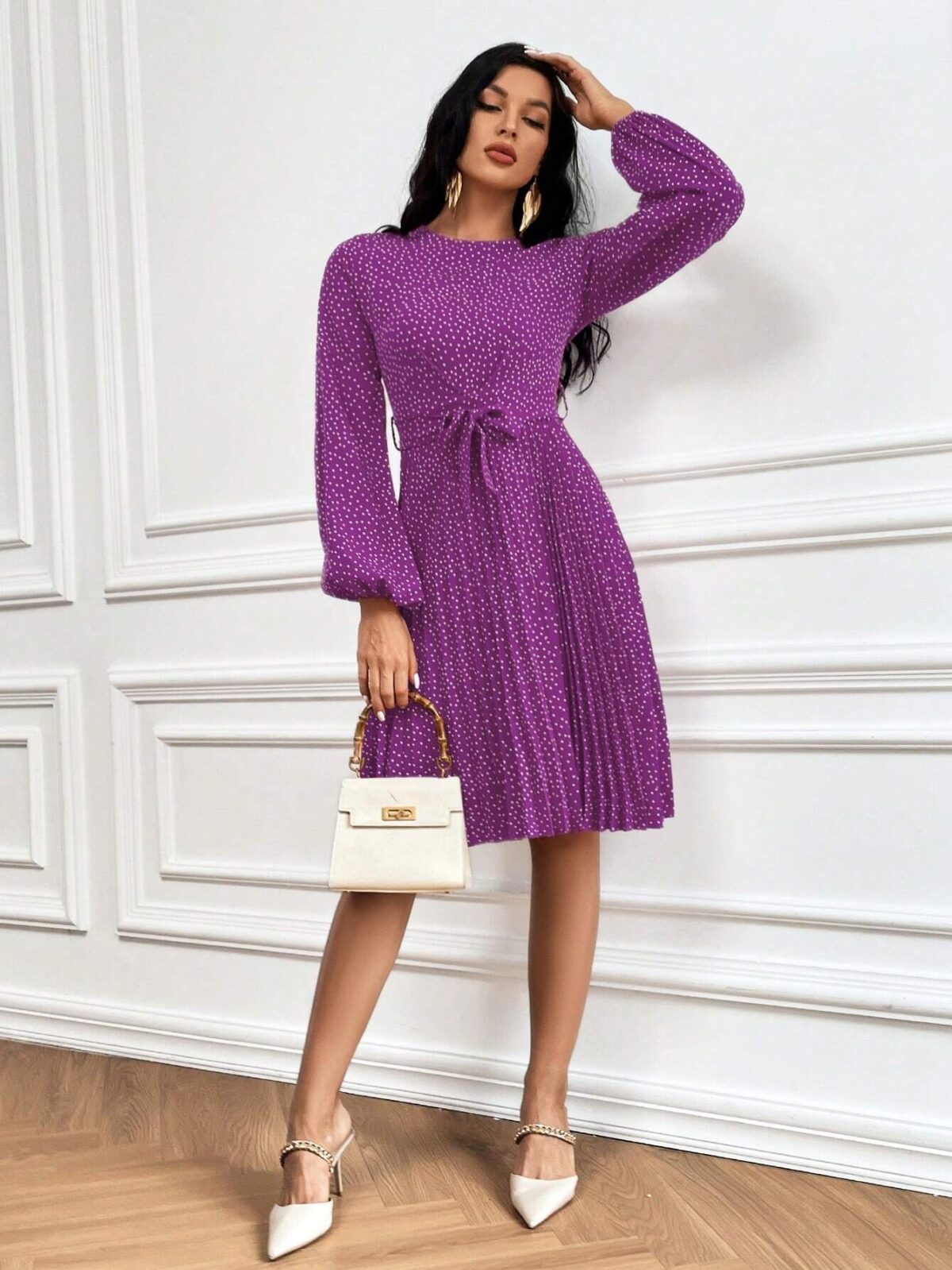 Rochie Midi Fanny Mov Cu Buline Albe Si Cordon - imagine 3