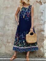 Rochie Lunga Vanesa Bleumarin Cu Model Floral Multicolor