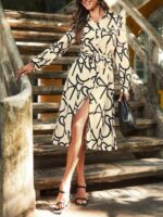 Rochie Midi Brianna Crem Cu Imprimeu Geometric Negru