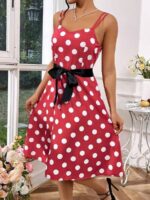 Rochie Scurta Adelle Rosie Cu Buline Albe Si Cordon Negru - imagine 3