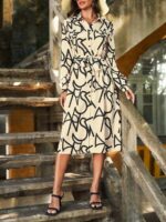 Rochie Midi Brianna Crem Cu Imprimeu Geometric Negru - imagine 2