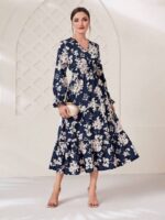 Rochie Lunga Nanja Albastra Cu Model Floral Alb - imagine 3