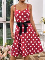 Rochie Scurta Adelle Rosie Cu Buline Albe Si Cordon Negru