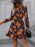 Rochie Scurta Janem Bleumarin Cu Model Floral Portocaliu Si Cordon