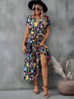 Rochie Lunga Magita Neagra cu Print Floral Multicolor - imagine 4