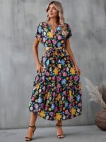 Rochie Lunga Magita Neagra cu Print Floral Multicolor