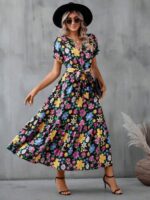 Rochie Lunga Magita Neagra cu Print Floral Multicolor - imagine 3