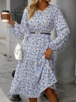 Rochie Midi Rasel Alba cu Flori Albastre - imagine 4