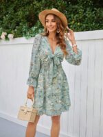 Rochie Scurta Dorina Bleu cu Print Floral Alb - imagine 3