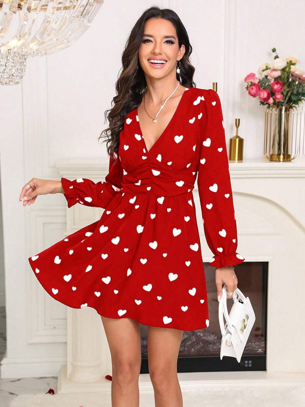Rochie Scurta Acarigua Rosie cu Inimioare Albe - imagine 4