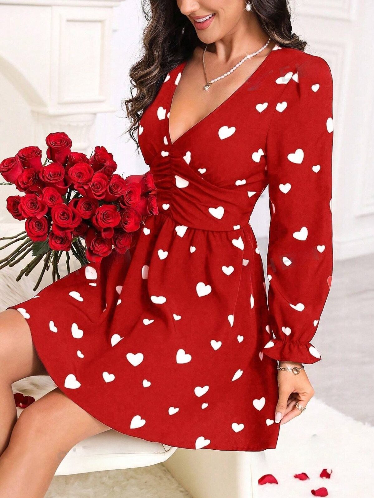 Rochie Scurta Acarigua Rosie cu Inimioare Albe - imagine 1