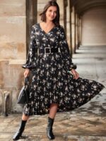 Rochie Lunga Prisa Neagra Inflorata Cu Pliuri