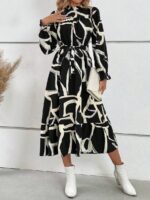 Rochie Lunga Manone Neagra cu Imprimeu Geometric Alb - imagine 4