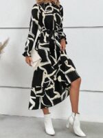 Rochie Lunga Manone Neagra cu Imprimeu Geometric Alb - imagine 3