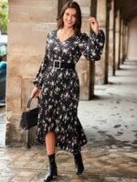 Rochie Lunga Prisa Neagra Inflorata Cu Pliuri - imagine 3