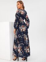 Rochie Lunga Sirini Bleumarin cu Imprimeu Floral - imagine 2