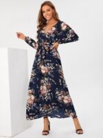 Rochie Lunga Sirini Bleumarin cu Imprimeu Floral - imagine 3