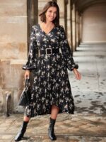 Rochie Lunga Prisa Neagra Inflorata Cu Pliuri - imagine 4