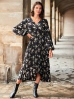 Rochie Lunga Prisa Neagra Inflorata Cu Pliuri - imagine 5