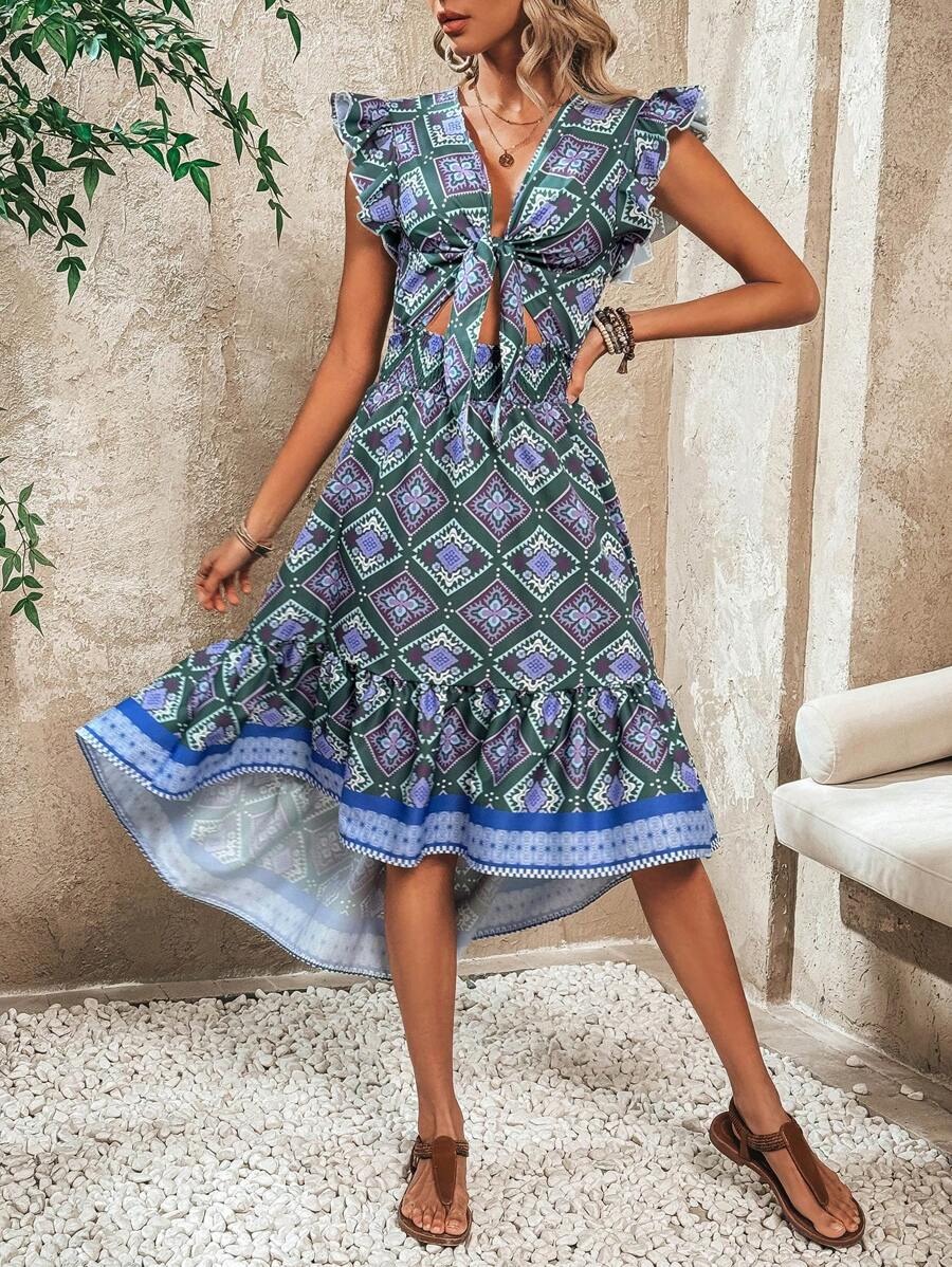 1 Rochie Midi Sabrin cu Print Geometric Multicolor - imagine 1