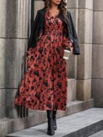 Rochie Lunga Ninon Caramizie Cu Model Floral Negru