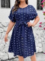 Rochie Midi Georgia Albastra Cu Buline Albe - Marimi Mari