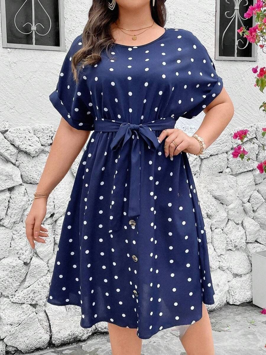 102kjh Rochie Midi Georgia Albastra Cu Buline Albe - Marimi Mari - imagine 1