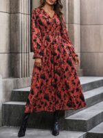 Rochie Lunga Ninon Caramizie Cu Model Floral Negru - imagine 3