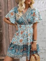 Rochie Scurta Krass Bleu cu Print Floral Crem