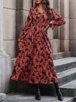 Rochie Lunga Ninon Caramizie Cu Model Floral Negru - imagine 4