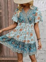 Rochie Scurta Krass Bleu cu Print Floral Crem - imagine 4