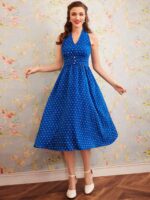 Rochie Midi Odveig Albastra Cu Inimioare Albe